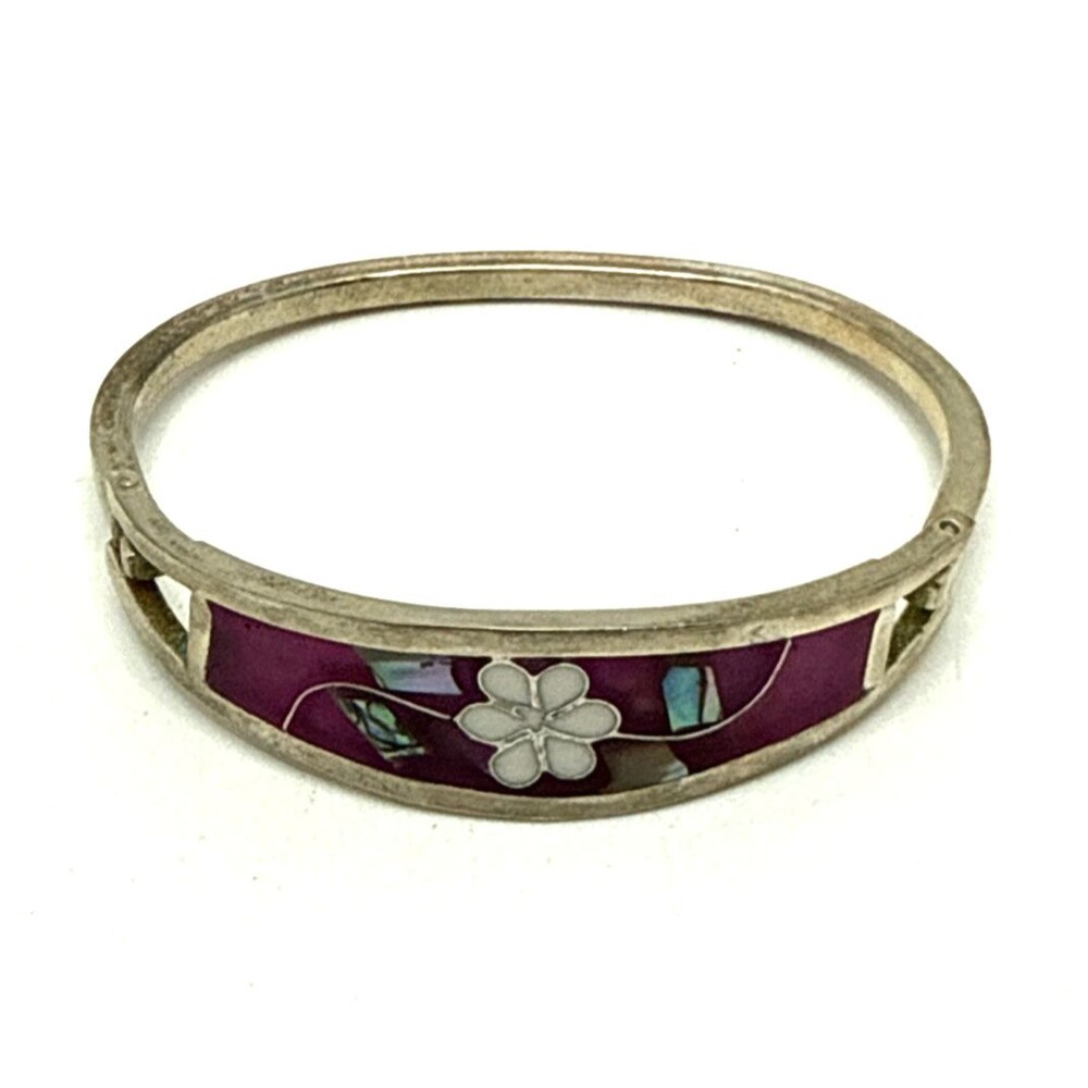Vintage ALPACA Mexico Enamel Bracelet White Flower & Abalone Shell Inlay 6.5"